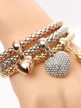 Tri-Color Heart Charm Bracelet Set